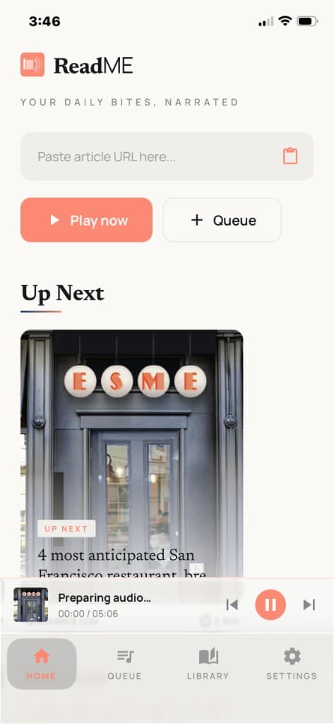 ReadME app, Home screen with article URL field and Up Next preview
