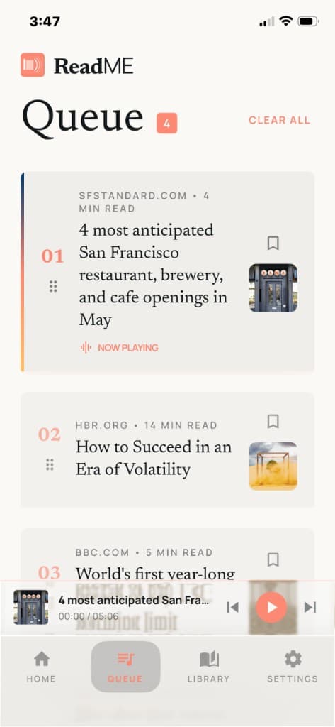 ReadME app, Queue screen with three saved articles ready to listen