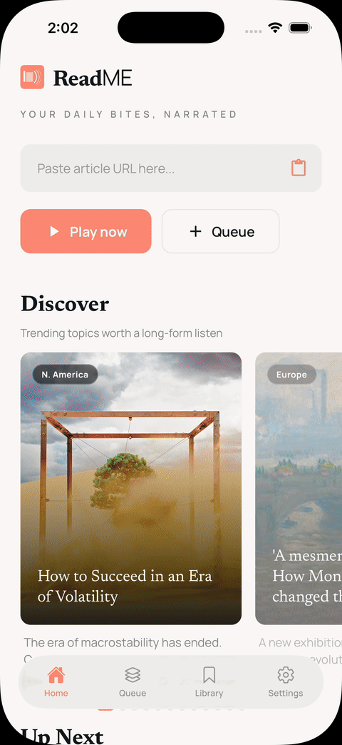 ReadME app, Home screen browsing Discover articles