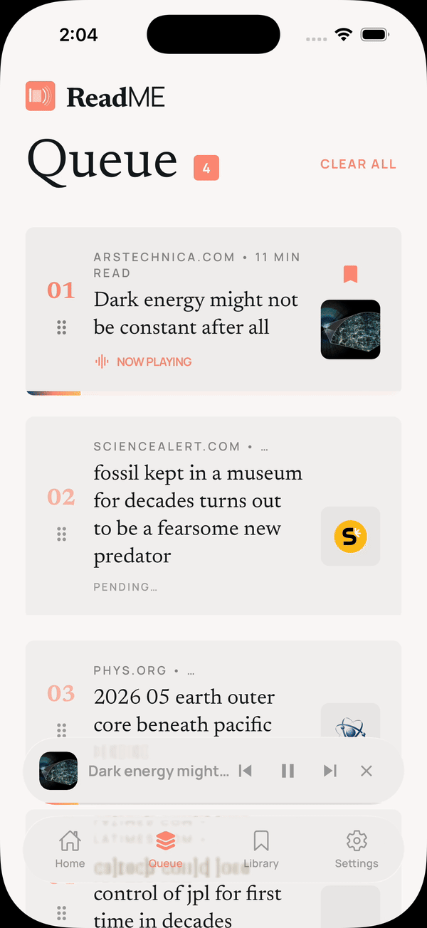 ReadME app, Queue screen reordering articles